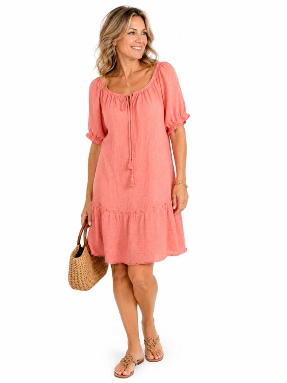 Sharagano Coral Flowy Lined Summer Boho Scoop Neck Ruffle Hem Midi Dress
